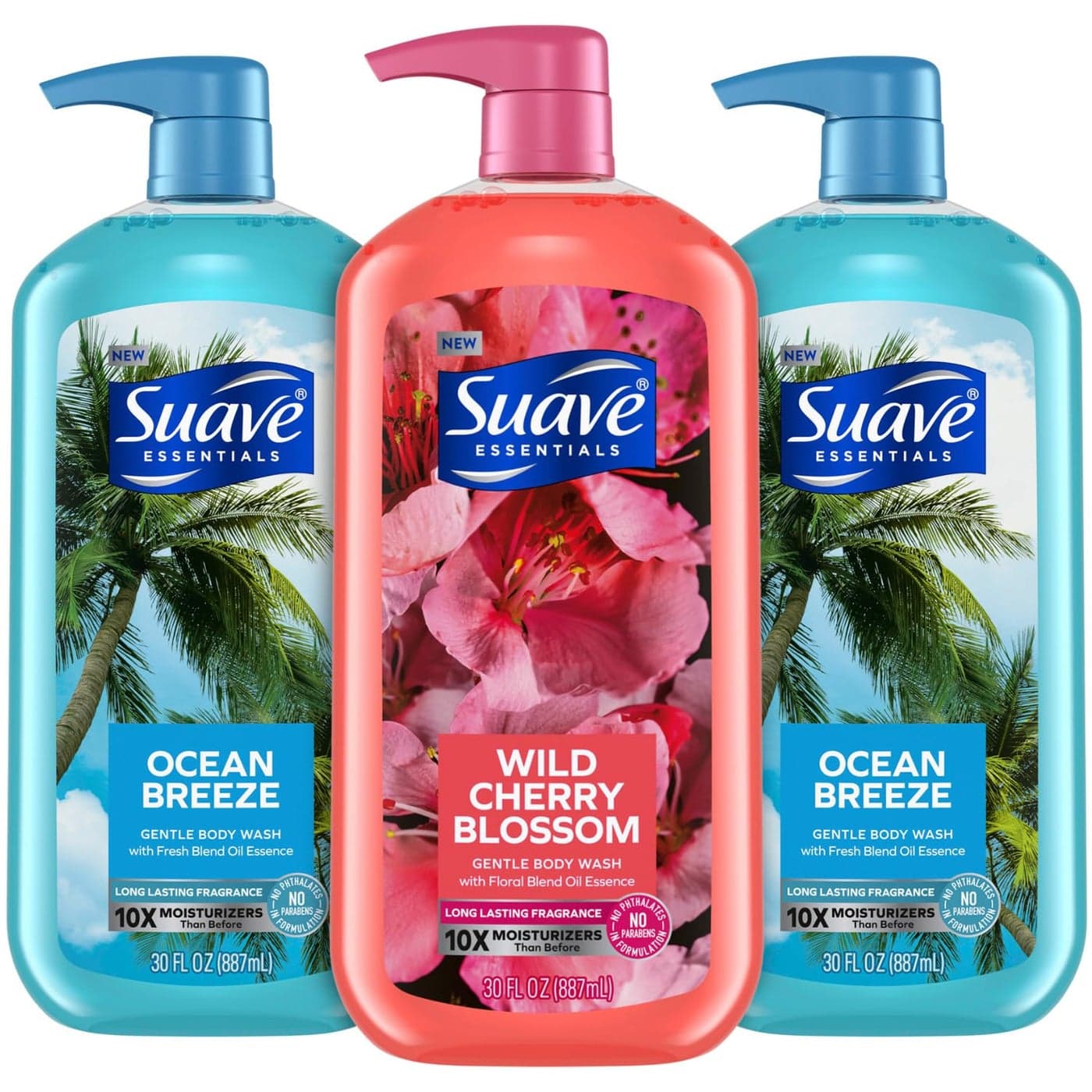 Suave Body Wash Variety Bundle Ocean Breeze 2Pack Wild Cherry Blossom Gentle Moisturizing Body Washes with Vitamin E 30 Oz Ea 3 Piece Set