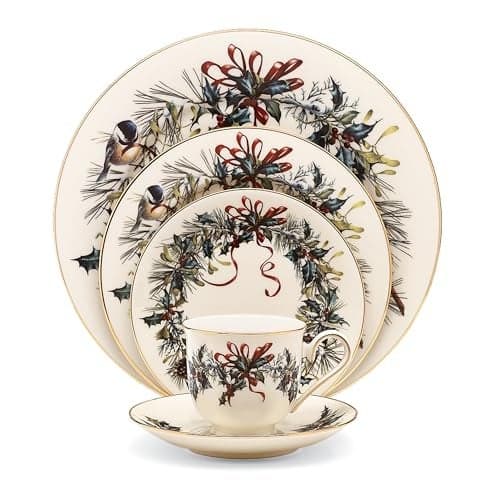 Lenox 185591602 Winter Greetings, Ivory Bone China, 5-Piece Place Setting, Christmas Dinnerware Set, Holiday Hosting