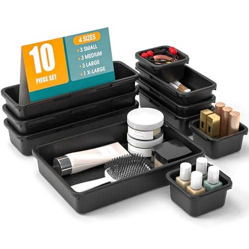 StoreHappily 10 PCS Drawer Organizer Set 4 Size Makeup Drawer Divider Organizer With NonSlip Pads Interlocking Plastic Storage Bins for OfficeJewelry VanityGadgets BathroomKitchen Black