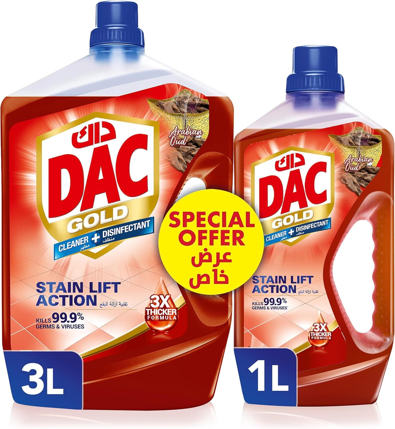 DAC Gold Disinfectant Cleaner - Oud (3 Litres + 1 Litre), All Purpose For 99.9% Germs And Bacteria Removal, With Long-Lasting Cleanliness Freshness