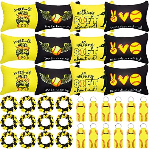 Kajaia 36 Pcs Softball Gifts for Teen Girls Makeup Bags Cosmetic Bags Sport Hair Scrunchies Lipstick Holder Keychains for Party Favors Team Gifts