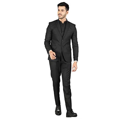 WINTAGE Mens Polyester Cotton Plain Black Three Piece Suit : 40/ M