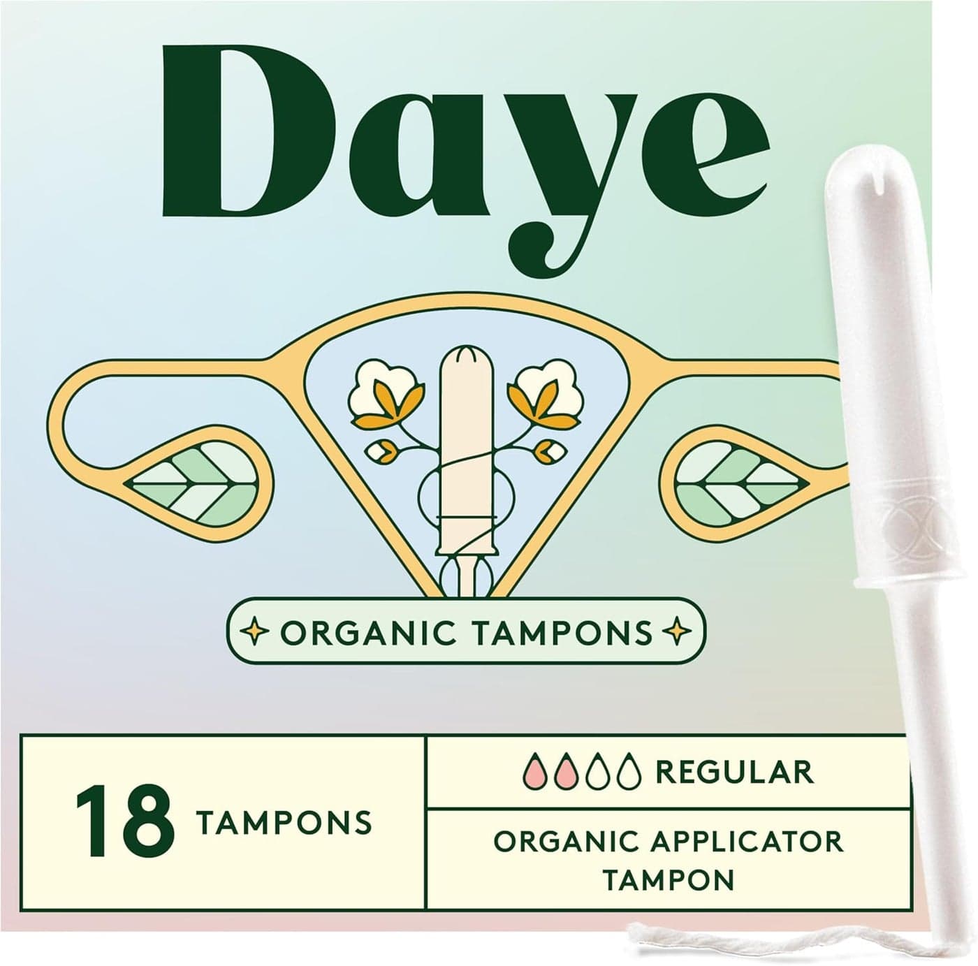 Daye Organic Tampons, 18 Ct, Regular Absorbency, Metal-Tested, No-Shed Sleeve, Gamma Ray Sanitized