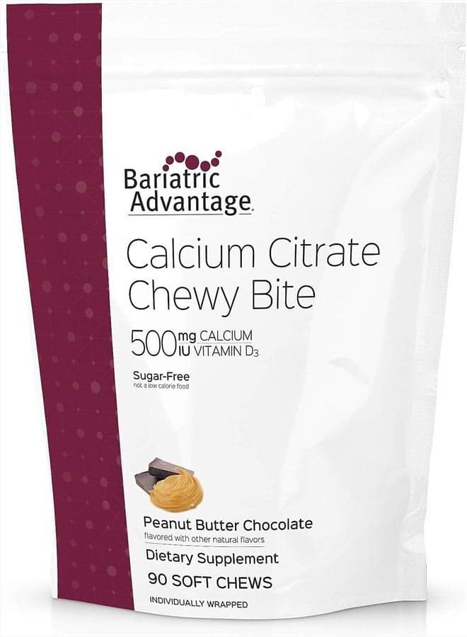 Calcium Citrate Chewy Bites 500mg with Vitamin D3 for Bariatric Surgery Patients Including Gastric Bypass and Sleeve Gastrectomy, Sugar Free - Peanut Butter Chocolate, 90 Count