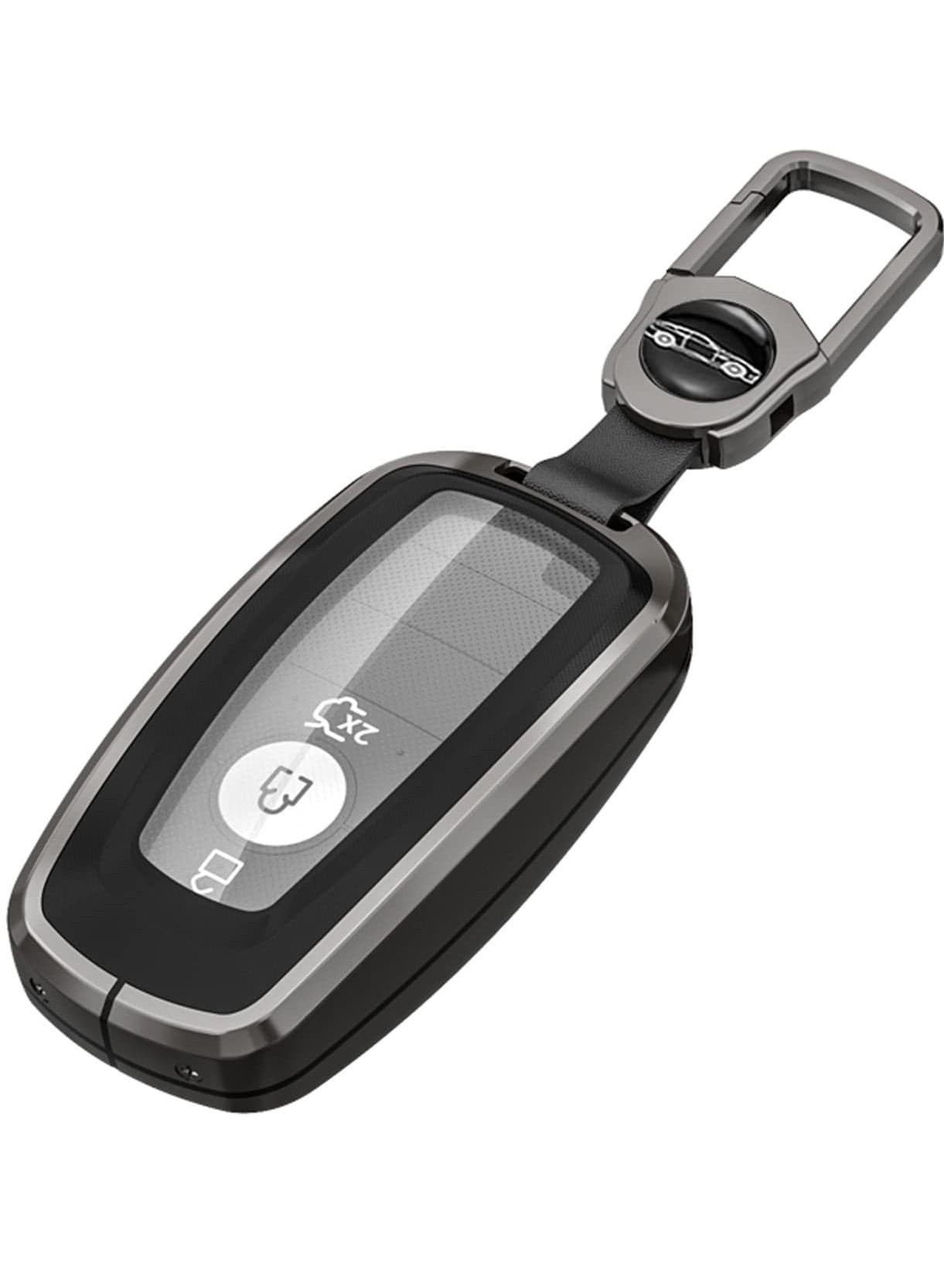 For Ford Key Fob Cover with Leather Keychain ,Metal Shell Soft TPU Full Protection Case for 2017-2023 Explorer Fusion Mustang Escape F150 F250 F350 F450 F550 Edge 3 4 5 Buttons Smart Remote