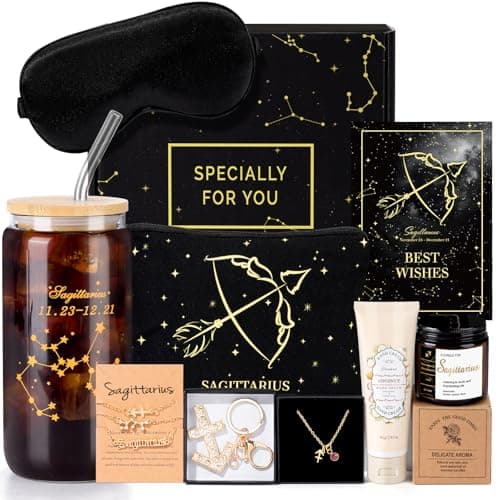 14PCS Sagittarius Birthday Christmas Gifts for Women, Sagittarius Astrology Gifts for Women Bakets, 12 Zodiac Gift for Woman Friends Female, Sag Astrological 16 oz Glass Cups Candles with Gift Set Box