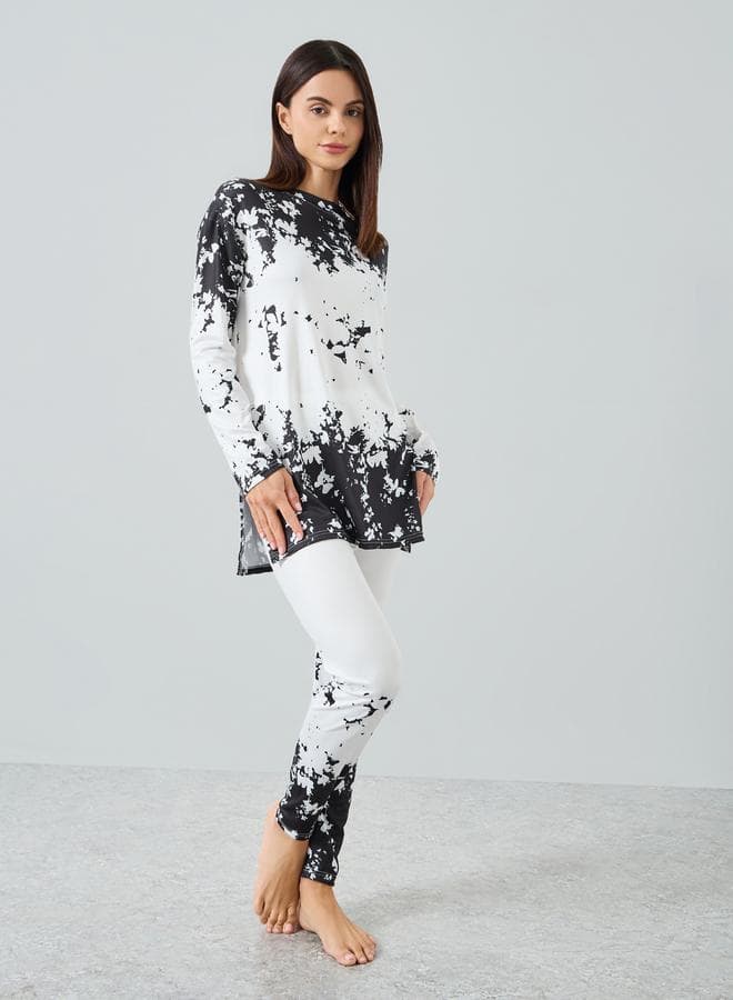 Women Printed Long Sleeve Split Hem Top and Pyjama Set