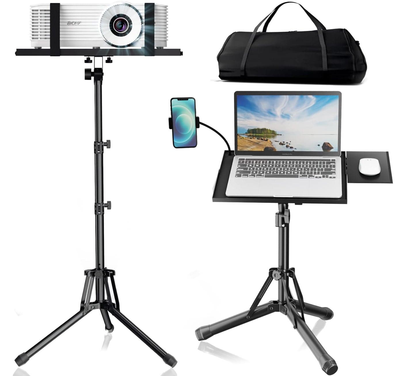 Projector Stand Tripod Adjustable Height 20 to 60 Inch Portable Laptop Tripod with Gooseneck Phone Holder Mouse Tray Projector Stand Outdoor Laptop Floor Stand for PodiumStudio DJ Racks