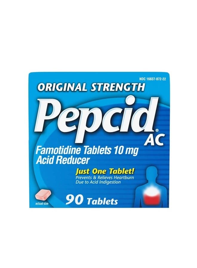 AC Original Strength Heartburn Relief Tablets, Prevents & Relieves Heartburn Due to Acid Indigestion & Sour Stomach, 10 mg Famotidine to Reduce & Control Acid, Fast-Acting, 90 Ct
