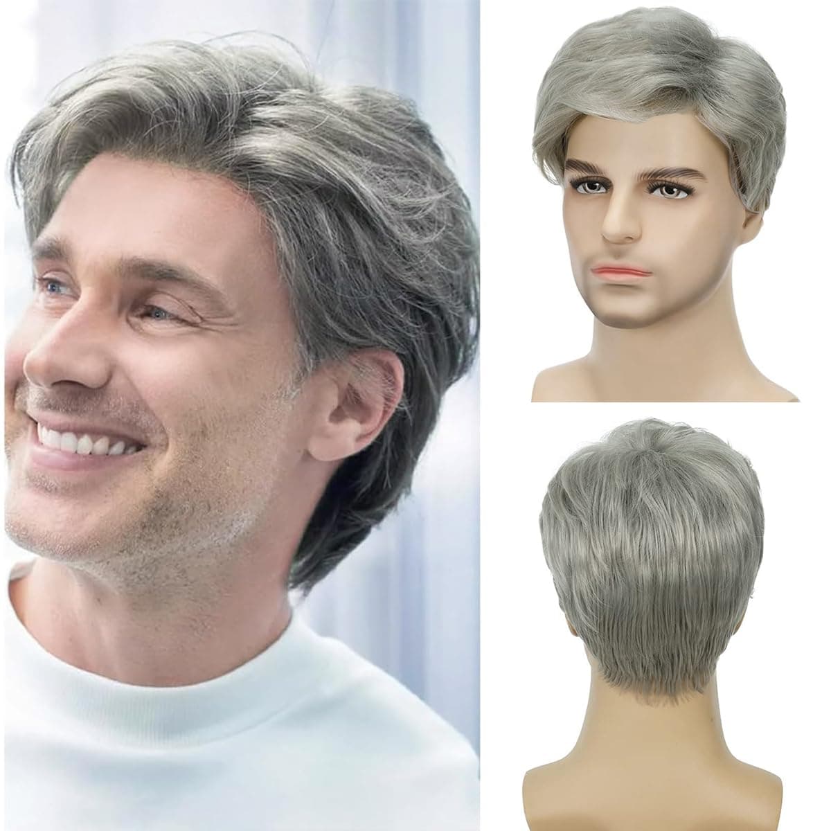 Sabosi Mens Grey Wigs Short Wigs Natural Looking Heat Resistant Synthetic Hair with Adjustable Cap 180g