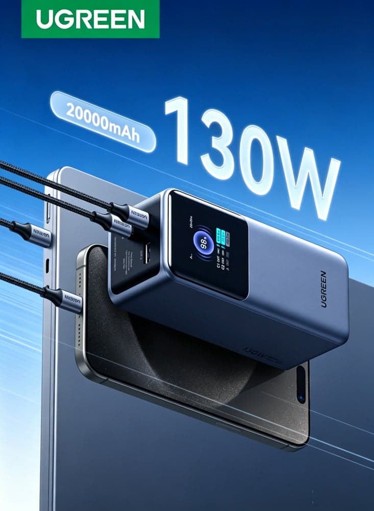 20000 mAh Nexode 20000mAh 130W PD Fast Charging Power Bank, 2 USB-C and 1 USB-A Portable Charger, Smart Digital Display Battery Pack for Galaxy S26/S25, MacBook, iPad Pro, iPhone 17 Series, etc 20000 130W TFT Display
