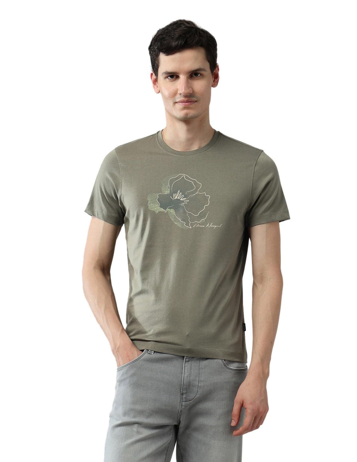 Arrow New York Men's Graphic Printed Pure Cotton Night is Young T-Shirt Light Olive