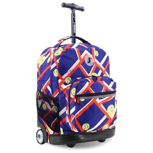 J World New York Sunrise Kids Rolling Backpack for Girls Boys Teen. Roller Bookbag with Wheels, Tennisy, 18"