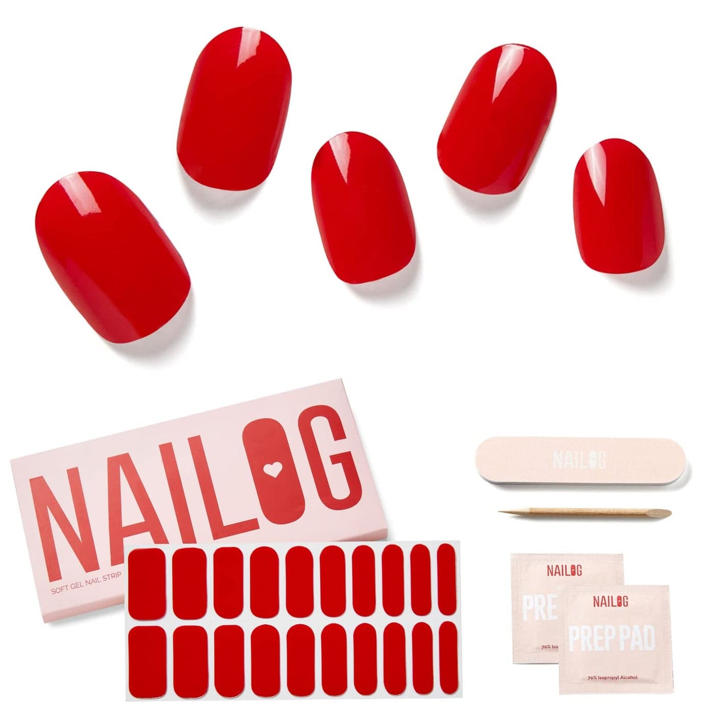 NAILOG Semi Cured Nail Strips 20 Pcs Extra Long Full Nail Wraps with Glossy Soft Gel Finishing Buy 2 Get 1 UV Lamp Rouge