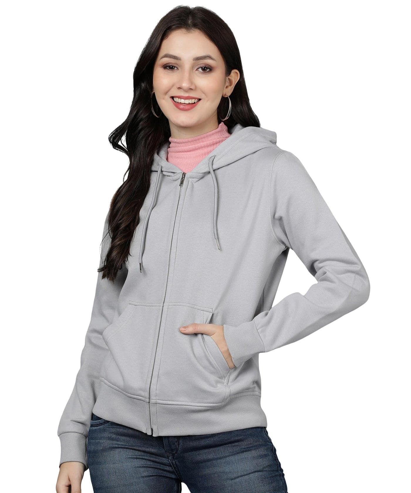 Alan Jones Clothing Women's Solid Zipper Hooded Sweatshirt | Front Zip, Ribbed Hem, Lined Hood, Casual Winter Wear (Grey_S)