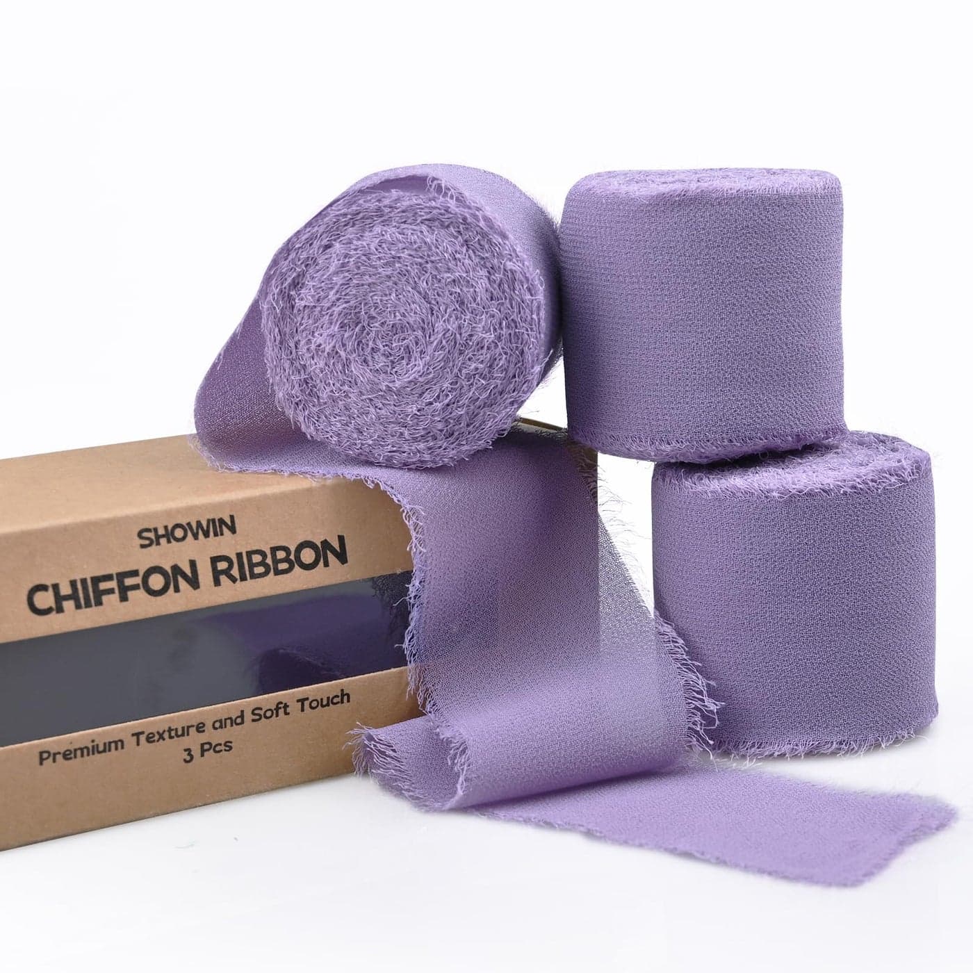 3 Rolls Light Purple Handmade Fringe Chiffon Ribbon 15 x 7Yd Yard SilkLike Colorful Rustic Ribbon for Bouquets Wrapping Decor Wedding Tie Invitations Crafts