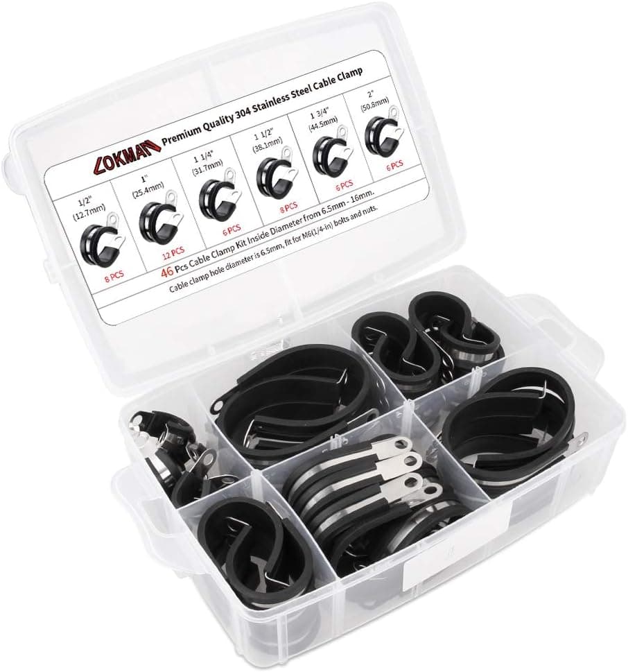LOKMAN 46-Piece Cable Clamp Assortment Kit - 304 Stainless Steel with Rubber Cushion Insulation