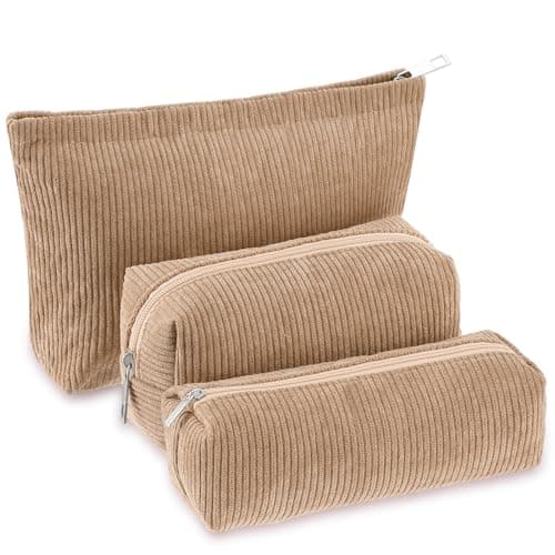 Huhumy 3 Pcs Makeup Bag Set for Women Corduroy Cosmetic Pouch Aesthetic Smile Travel Toiletry Bag Cute Purse Pouch Pencil Case Makeup Brushes Storage Organizer for Christmas(Khaki,Solid Style)
