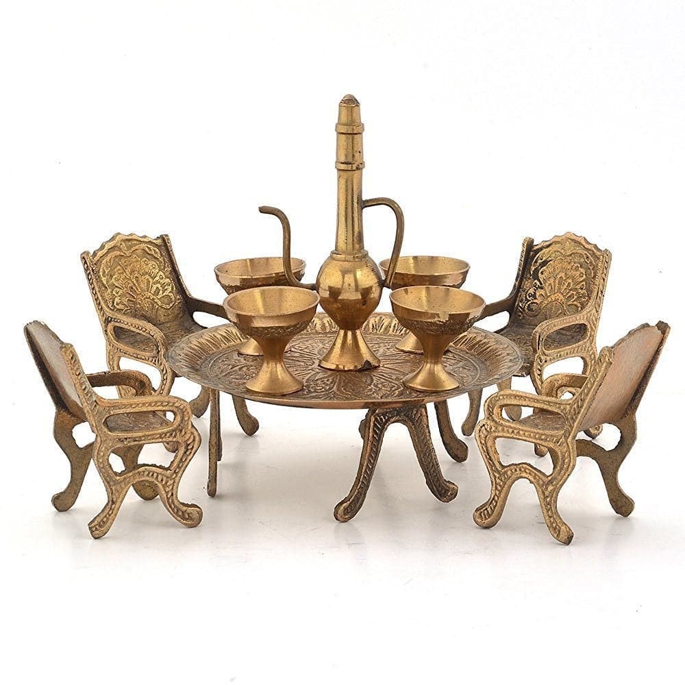 SAARTHI Rajasthani Decorative Antique Handcrafted Designer Vintage Handmade Elegant Brass Dining Table Chair Maharaja Set ShowpieceRoom DecorHomeOfficeLiving Room Desktop Set of 10 Pieces