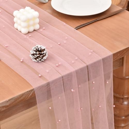 Joanlody Pearl Table Runner Easter 10ft Rustic Boho Tulle Spring Easter Runner with Pearls for Baby Shower Wedding Party Veil Dessert Table Decor Dusty Rose