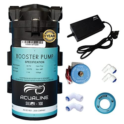 ACUALINE Silver 100 GPD RO Booster Pump Motor High-Efficiency with SMPS, Pump Adapter 24 Volts 2.5 amps and Solenoid Valve (SV) for All Types of RO Water Purifier (1 Year Warranty)