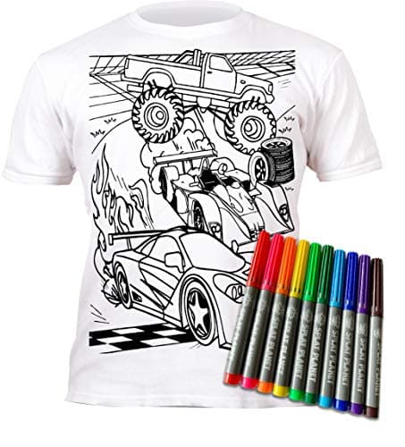 Splat Planet Color in Cars T-Shirt with 10 Non-Toxic Washable Magic Pens (7-8 Years) White