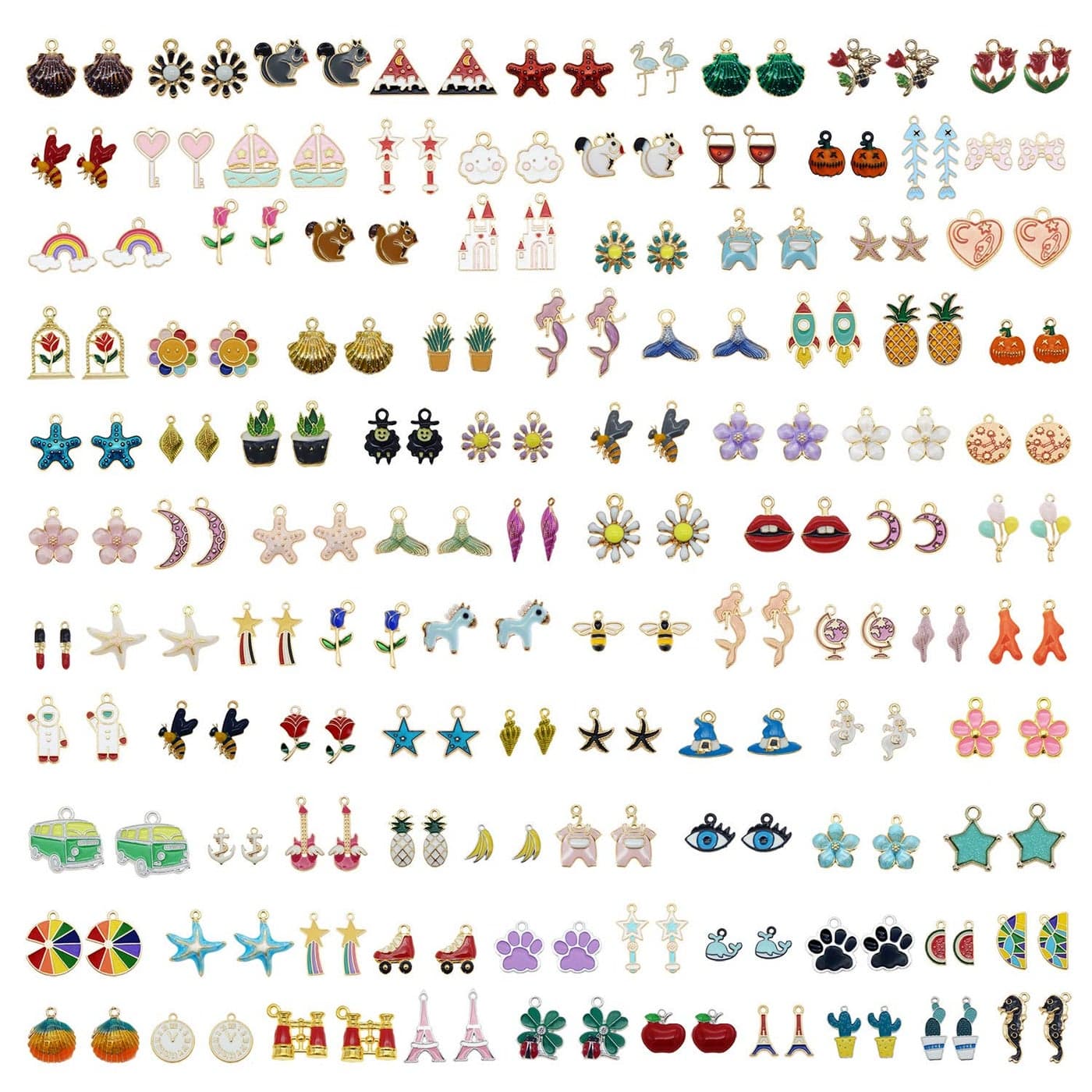 JJG 100Pcs50PAIRS Assorted Fruits Mermaid Animals Gold Tone Enamel Pendants Necklace Bracelet Charms for Earrings Jewelry Making