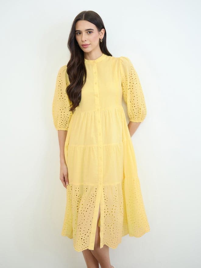 Yellow Cotton Schiffli Shirt Midi Dress
