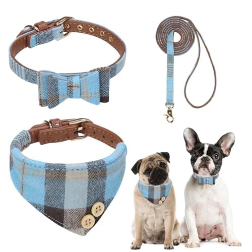 BINGPET Puppy Collar and Leash Set for Medium Dogs, Plaid Bowtie Dog Collars Bandana for Boy Girl Dogs, Cute Adjustable Collar and Leash Set with Bow for Dog Cat Outdoor Walking, Blue M (No Bell)