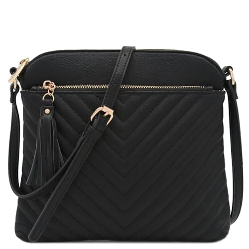 FashionPuzzle Chevron Quilted Medium Crossbody Bag with Tassel Accent (Black)