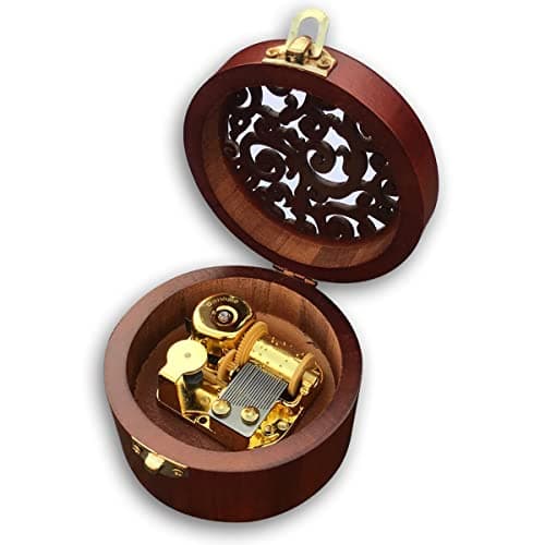 BinkeGG Wooden Hollow Out Circular Wind up Music Box with Sankyo Musical Mechanism Tune: Davy Jones (Pirates of The Caribbean)