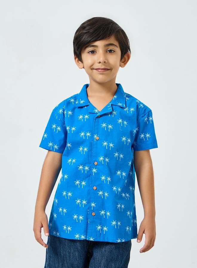 Boys Blue Palm Print Cotton Shirt