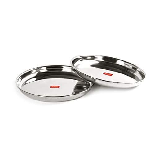 Sumeet Stainless Steel Heavy Gauge Deep Wall Snack Plates with Mirror Finish 24.3cm Dia (PACK of 2)