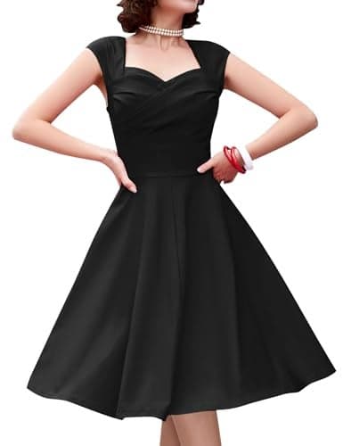 MUXXN Women's 1950s Vintage Retro Capshoulder Party Swing Dress (XL, Black)