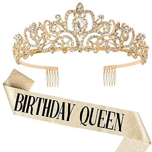 COCIDE Birthday Queen Sash Rhinestone Tiara Set Gold Happy Birthday Crowns for Women Party Decoration Kit Rhinestone Headband for Women Glitter Crystal Hair Accessories for Cake Topper