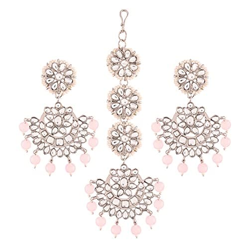 I Jewels Rhodium Plated With Stunning Matte Finish Traditional Kundan & Faux Pearl Chandbali Earrings With Maang Tikka Set (Te2911Zpi, Womens)