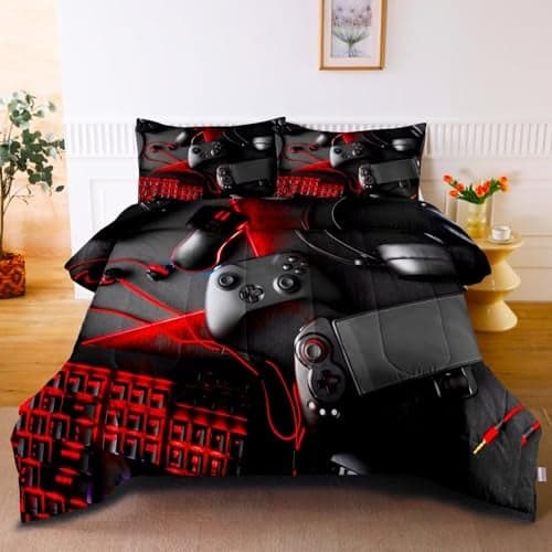 GRAT TIOC Gaming Comforter for Boys Teens,Game Bedding Sets Twin,Kids Gamer Comforter Set,Video Game Bedroom Bed Set Controller Duvet All Season 3 Piece