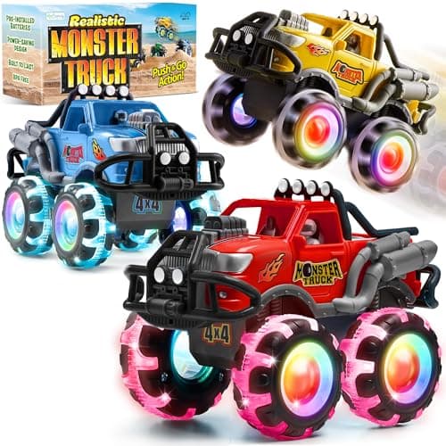 ArtCreativity Monster Truck Toys 3 Pack with Motion Activated Light up Wheels Friction Powered Push and Go Vehicles for Boys Age 38 Realistic 4x4 Monster Trucks for Easter Basket Birthday Gifts