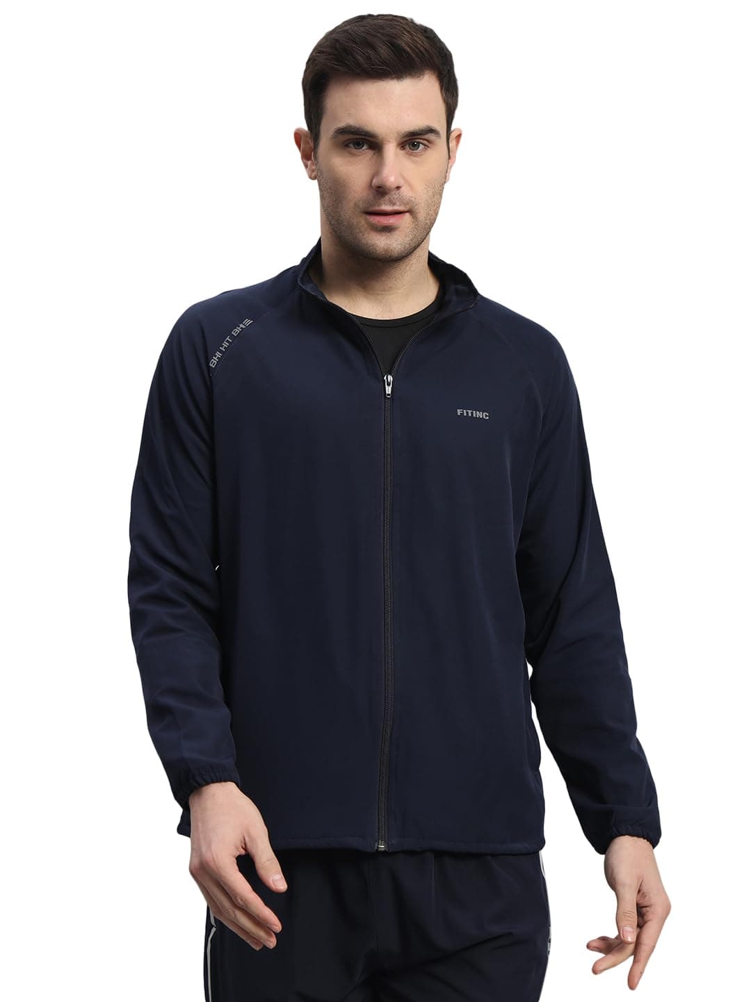FITINC Men's Polyester Sports Track Standard Length Jacket - Navy Blue (Large)