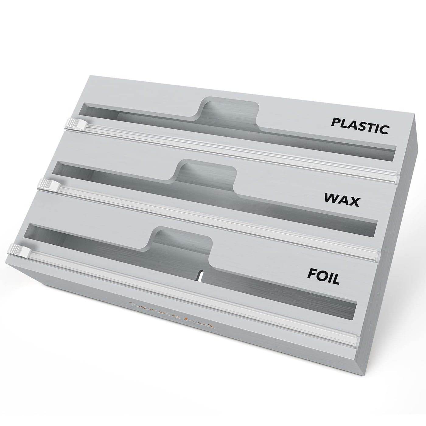 SpaceAid WrapNeat 3 in 1 Wrap Organizer with Cutter and Labels Plastic Wrap Aluminum Foil and Wax Bamboo Dispenser for Kitchen Storage Organization Holder for 12 Roll Gray