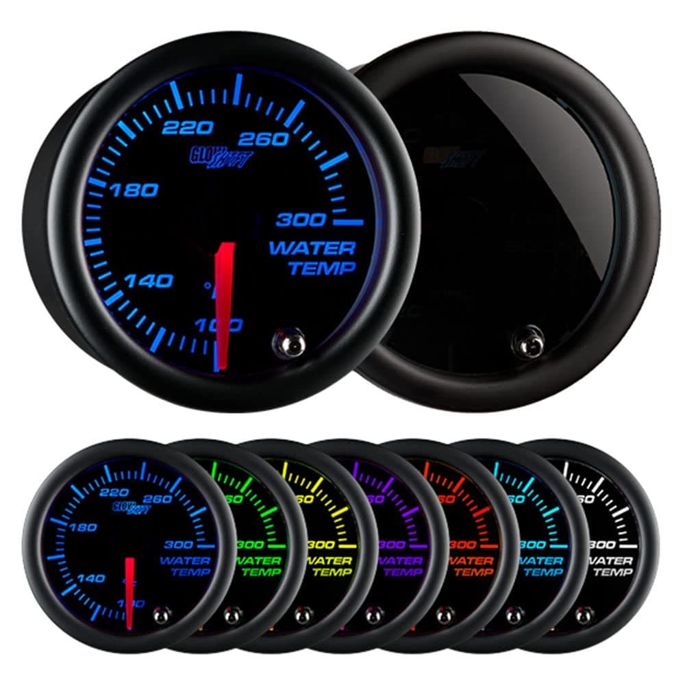 GlowShift Tinted 7 Color 300F Water Coolant Temperature Gauge Kit Includes 1827 NPT Electronic Sensor Wiring MultiColor Display Black Dial Smoked Lens for Car Truck 2116 52mm
