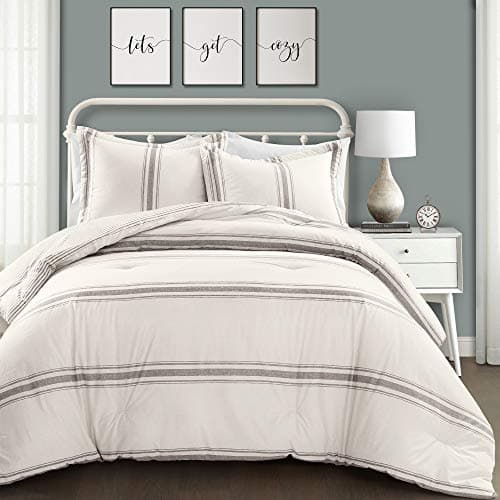 Lush Decor Farmhouse Stripe Reversible Cotton Comforter Set, 3 Piece Set, King, Gray - Cozy Farmhouse Bedding Set - Rustic Decor - Striped Comforter - Modern Farmhouse Bedroom Decor