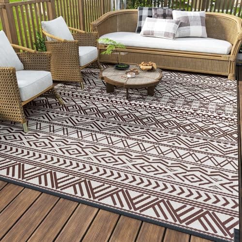 MontVoo Outdoor Rug 8x10 Waterproof Outdoor Patio Rug Mat Reverisble Plastic Straw Outdoor Rug for RV Camping Picnic Beach Balcony Boho Beige Brown