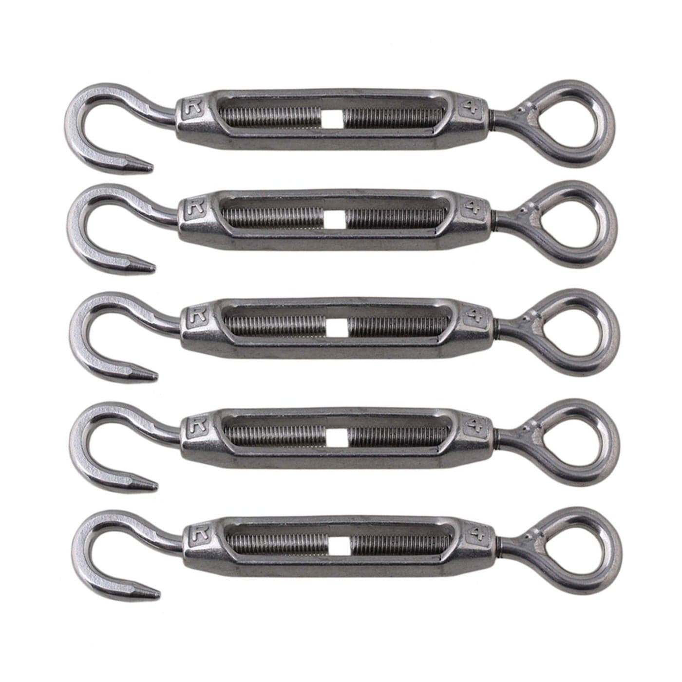 BQLZR M4 Stainless Steel 304 Hook Eye Turnbuckle Wire Rope Tension for DIY String Light Picture Hanging Garden Wire Fence Gate Wire Tent Rope Pack of 5