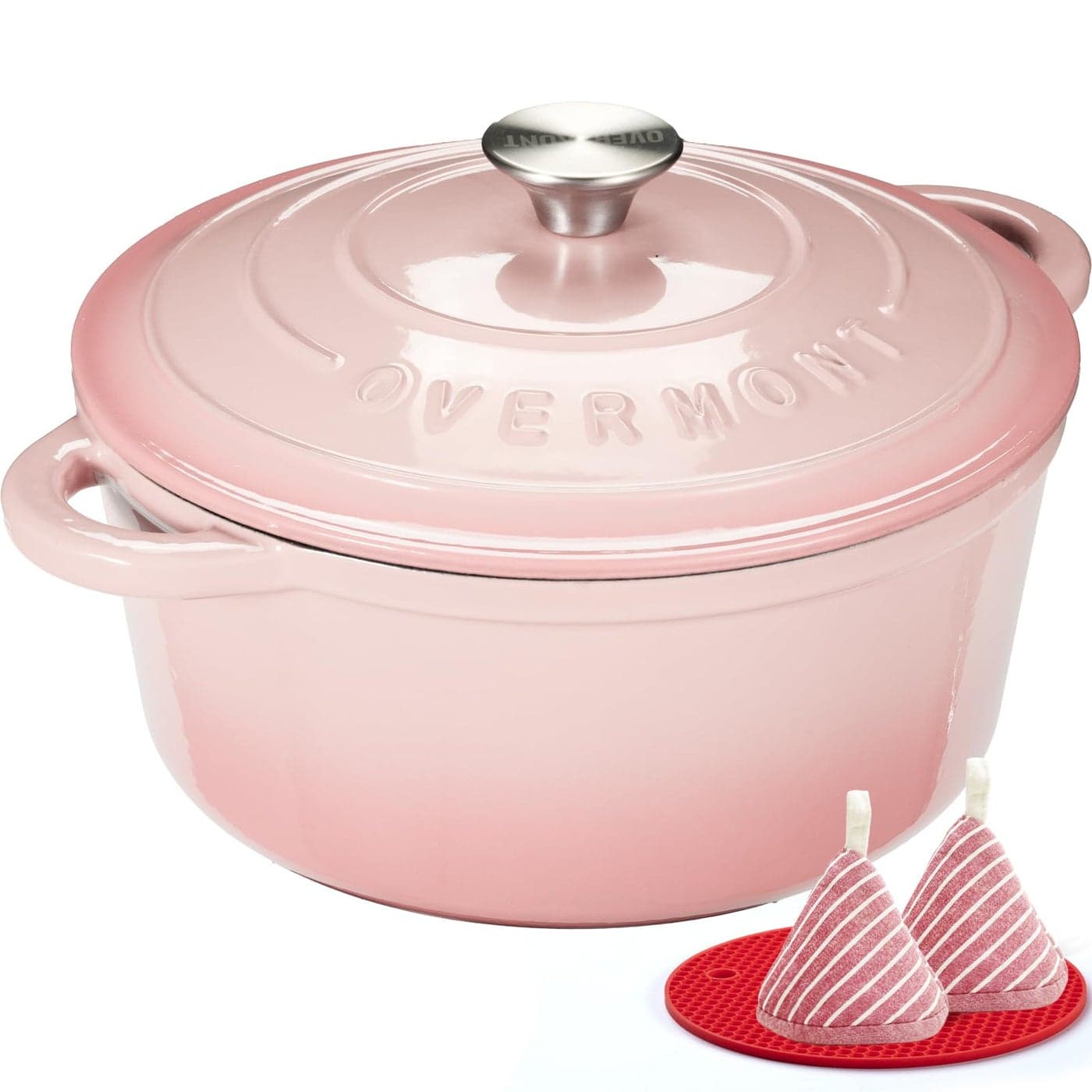 Overmont Enameled Cast Iron Dutch Oven 7QT Pot with Lid Cookbook Cotton Potholders HeavyDuty Cookware for Braising Stews Roasting Bread Baking pink