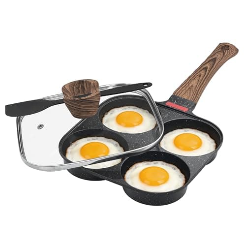 Corlekala Nonstick 4-Cup Egg Pan With Lid, Black Aluminum Non Stick Frying Pans, Bakelite Handle, Healthy Egg Frying Pan For Pancake, Burger, Sandwiches,Suitable For Gas Stove & Induction Cooktop