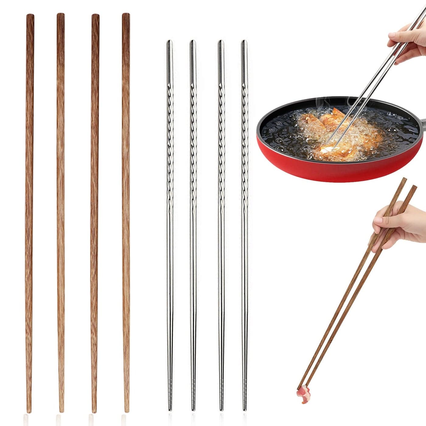 4 Pcs Long Cooking Chopsticks Reusable 153 Inch Nonslip Threaded Stainless Steel Chopsticks and 165 Inch Natural Wooden Extra Long Chopstick for Hot Pot Frying Noodle Cooking Favor