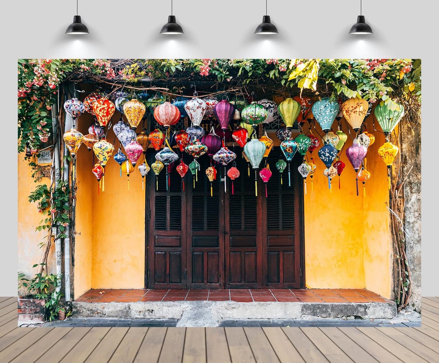 chnywork 7x5ft Vietnam Street Backdrop Asia Colorful Lanterns Yellow House Wooden Window Background Asia Vietnam Travel Party Decor Kids Adults Artistic Portrait Photo Studio Props