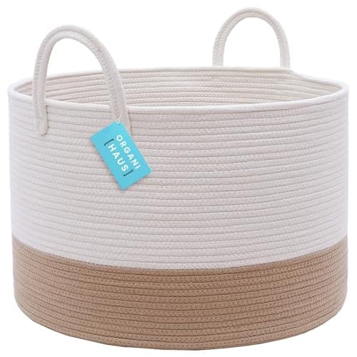 OrganiHaus Large Woven Storage Basket for Blankets and Toys 20" x 13" Inch, Rope Laundry Basket with Handles, Cushions & Pillows Storage Bin, Nursery Hamper, Soft Round Dog Toy Bin - Honey/Off-White