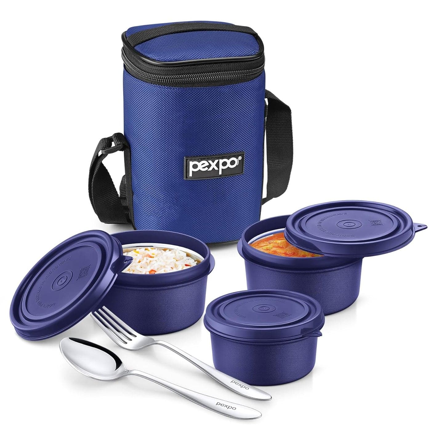 PEXPO Micro Pro Stainless Steel Meal Box with 3 Air Tight Containers 3 350ml 1 Spoon Bag BlackBlue BPA Free Lid Leak Proof Lunch Box for Office Men and Women